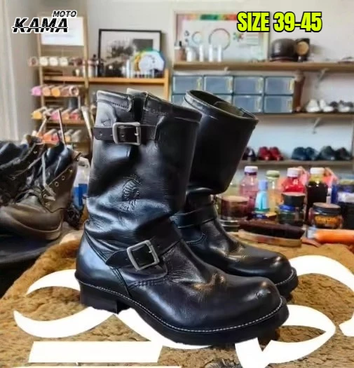 

Black Buckle Decor Knight's Boots Round Toe Thick Heel Matte Leather High Heel Shoes for Men New Botas De Motociclista