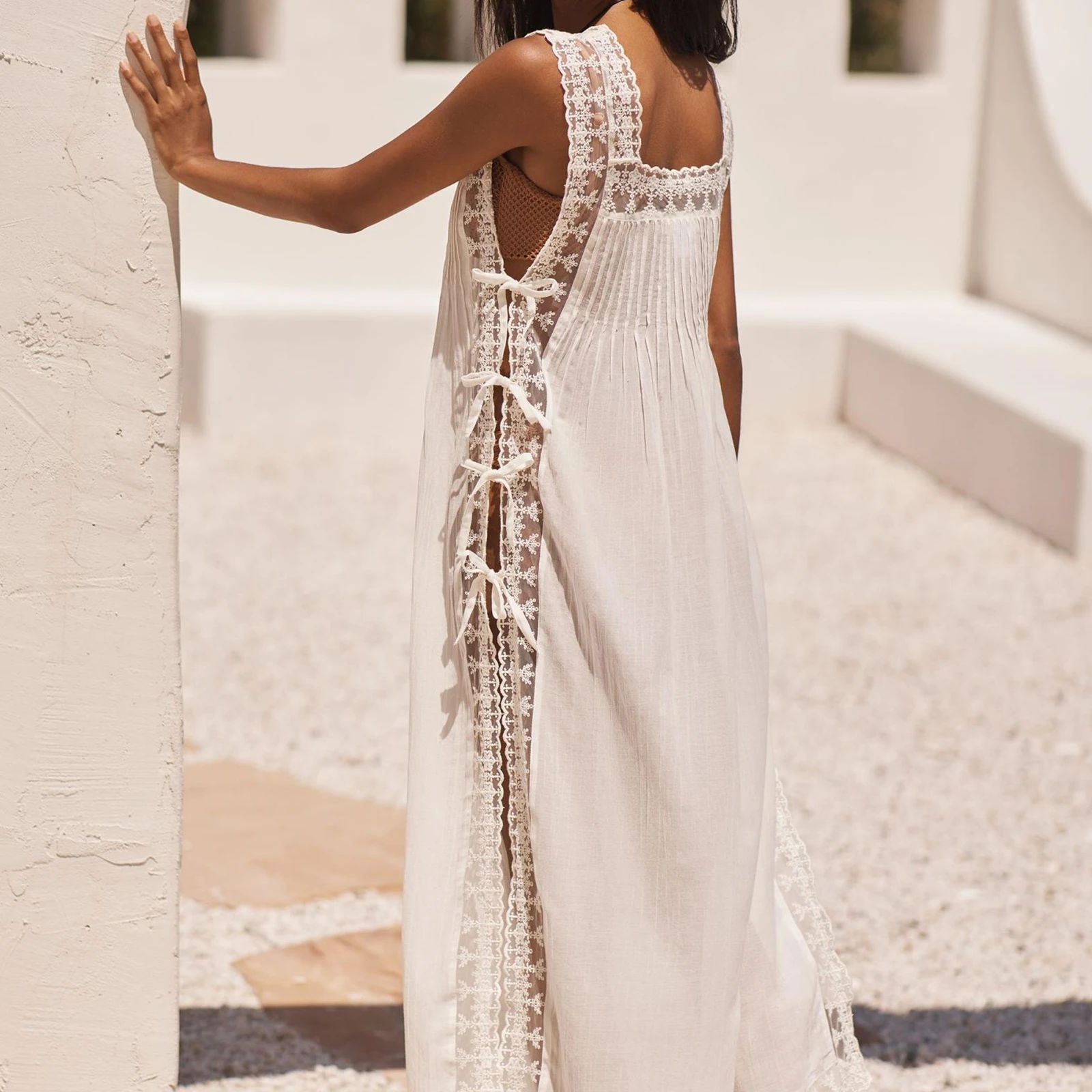 Abito da spiaggia vintage Boho da donna Abito estivo casual senza maniche con allacciatura sul davanti in pizzo Abito da canotta per feste da vacanza Abbigliamento quotidiano Streetwear