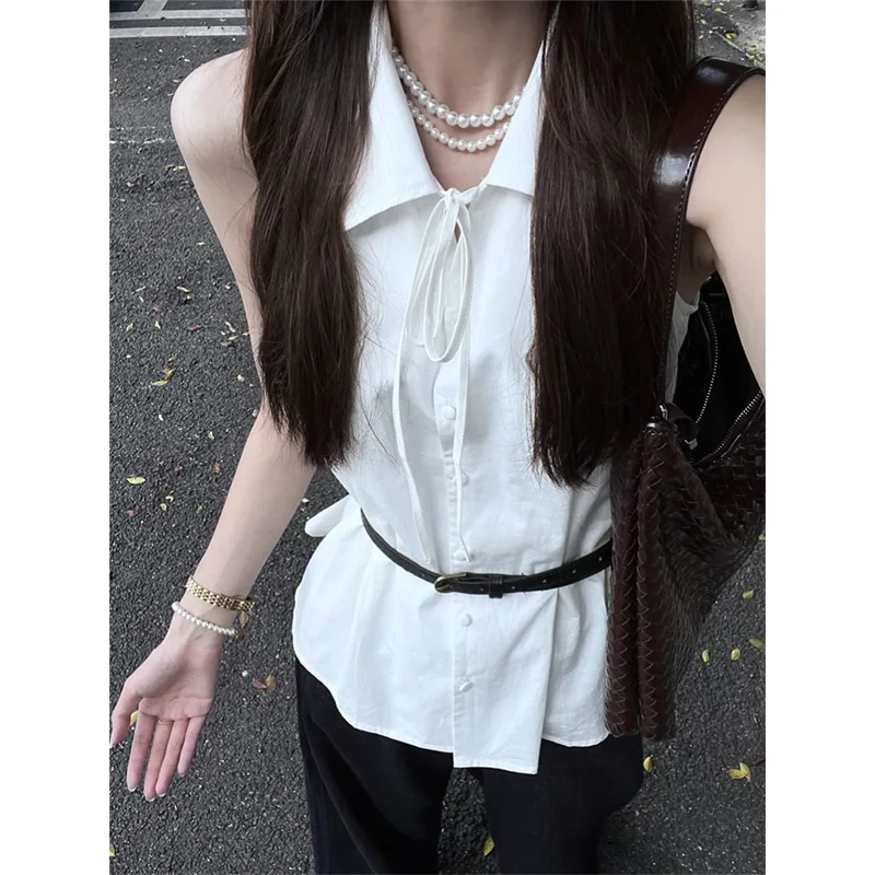 

Femme Summer Korean Fashion Button Solid color Polo collar sleeveless Women shirts trend fashionable temperament Cotton top tee