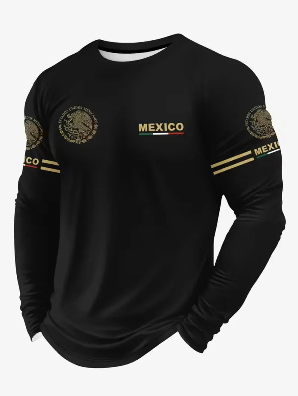 Men's Mexico Eagle Print T‑Shirt, Fashion Comfortable Long‑Sleeve T‑Shirt, Casual O‑Neck Pullover, Loose Men's Tops for Autumn