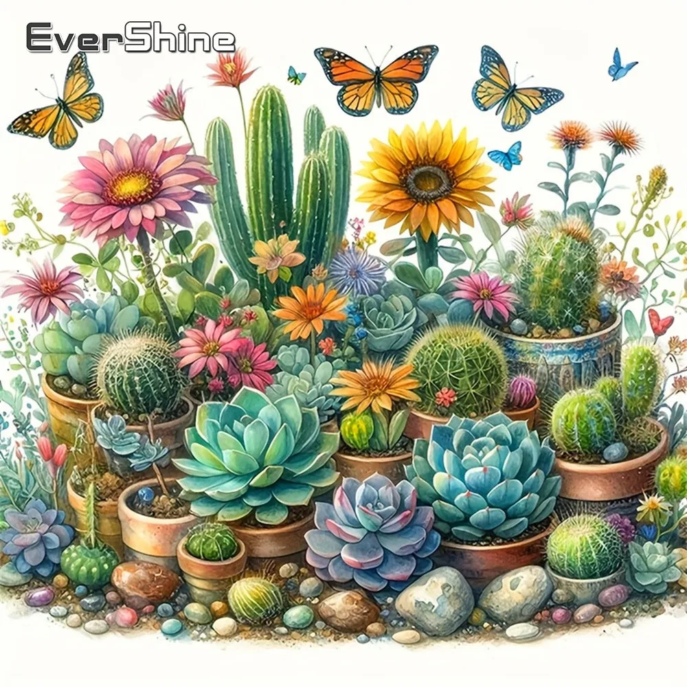 Evershine Diamant-Stickerei, Blumenbild, Strass-Mosaik, Sukkulenten, komplettes quadratisches Gemälde, Kaktus-Dekor für Zuhause