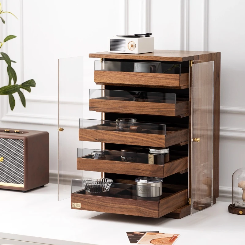 ตู้เก็บของไม้วอลนัทแบบเรียบง่ายทันสมัย ตู้เก็บของใส่ถ้วยชา เครื่องประดับ ของจิปาถะ กระจก ไม้เนื้อแข็ง ตู้ห้องน้ำชา ห้องนอน ห้องนั่งเล่น