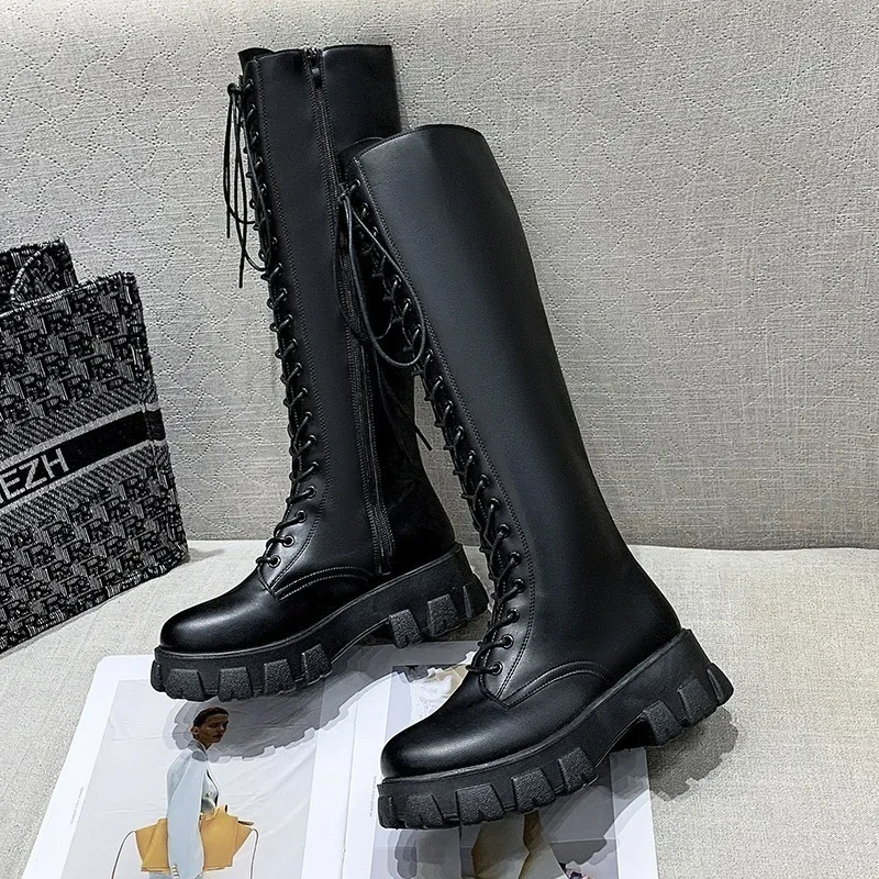 Women\'s Long High Boots White PU Leather Knee High Boots Female Fashion Lace Up Platform Botas Mujer thigh high boots size 43