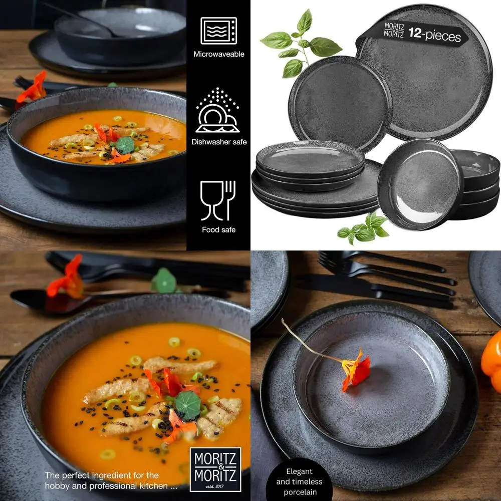 

4-Person Grey Stoneware-Inspired Porcelain Dinnerware Set: 4 Dinner, 4 Dessert Plates, 4 Bowls | Microwave & Dishwasher Safe