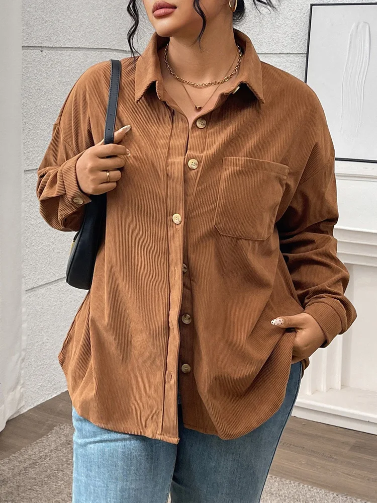 GIBSIE حجم كبير الصلبة واحدة الصدر سروال قصير قميص سترة المرأة 2025 الخريف والشتاء ملابس خارجية عادية كم طويل بلايز #4