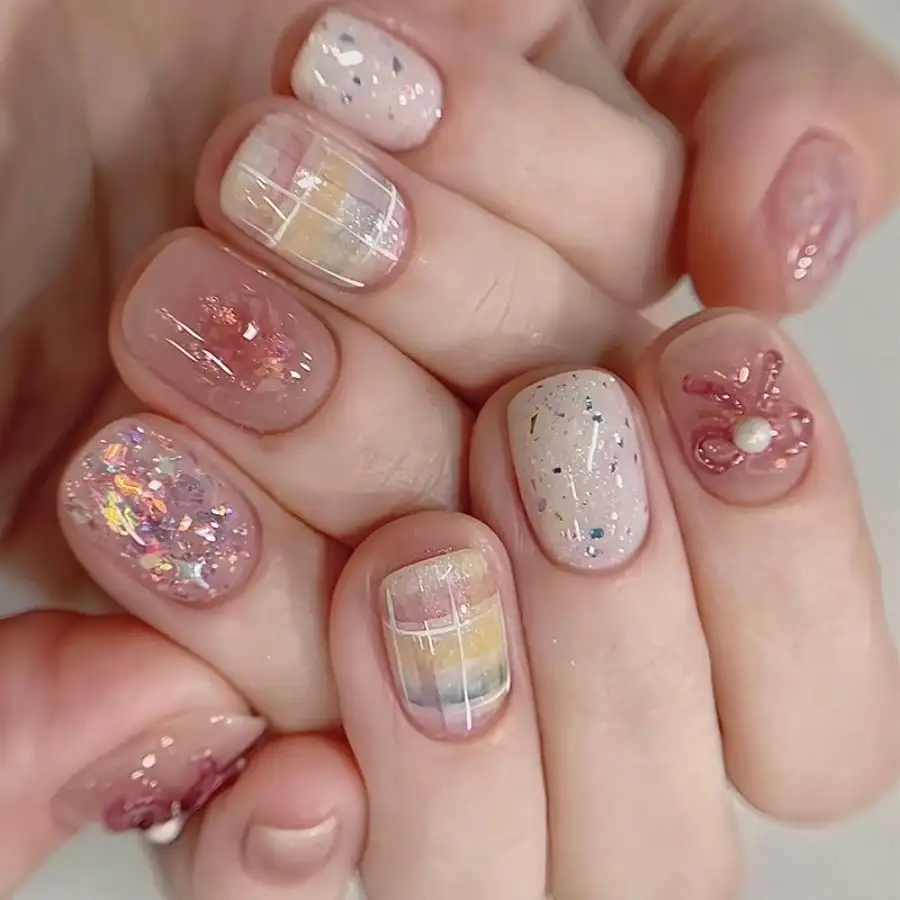 

24Pcs Sweet Pink White Bow Glitter Sequins Press On Nails, Ins Style Reusable Daily Wear