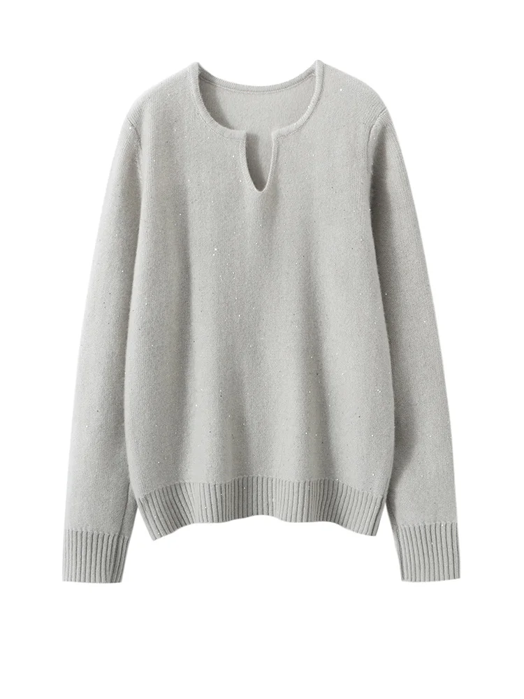 Glamorous Women Sweater Suite Sequins 100% Cashmere Sweater Pullover Irregular Collar Autumn Winter French Style Cozy Knit Tops
