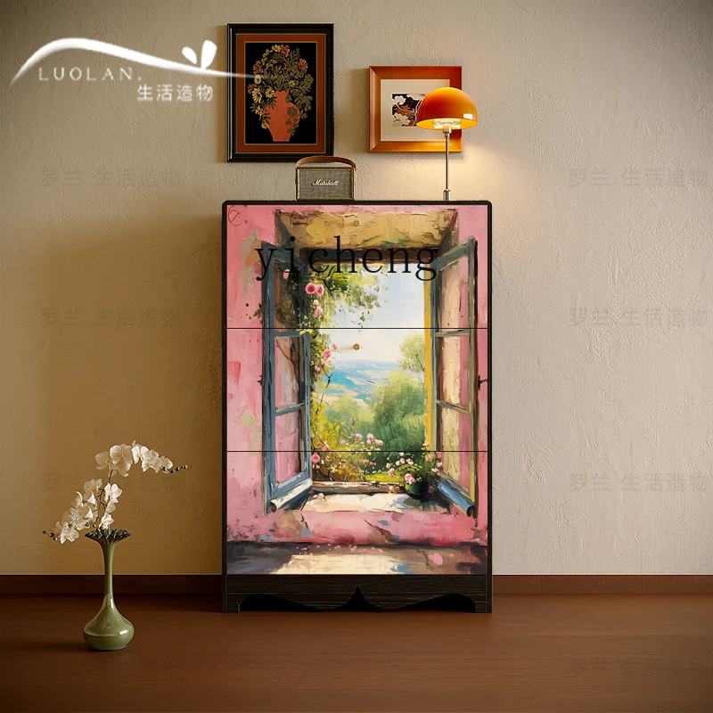 

ZK French Cream Style Flower Solid Wood Living Room Entry Door Storage Shoe Cabinet Walkway Wall Storage Standing Cabinet
