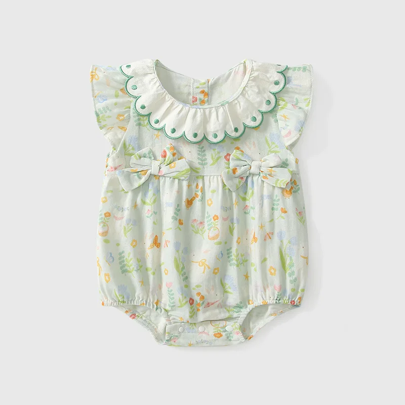 MINISO ฤดูร้อนเด็กสาว Pastoral ลูกไม้กระพือสามเหลี่ยม Romper ผ้าฝ้ายทารกแรกเกิดนุ่มสวมใส่ทุกวัน 0-1 ปี Bodysuits