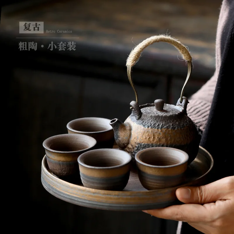 

Japanese Style Coarse Pottery Tea Set Simple One Pot Four Cups Porcelain Kung Fu Tea Set Small Set Retro Domestic Loop-Handled T