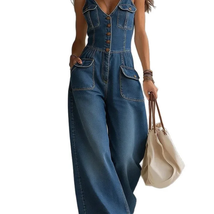 Sleeveless Straight Leg Pants Mid Waist Japanese Korean Casual with Pocket Medium Weight No Stretch Full Length Women Jumpsuit
