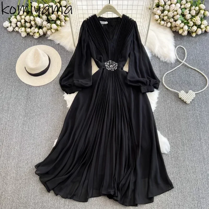 

V-neck Pleated Vestidos Lantern Long Sleeve Vestido High Waist Slim A-line Women 2024 Dresses Autumn Dress Beach Clothing