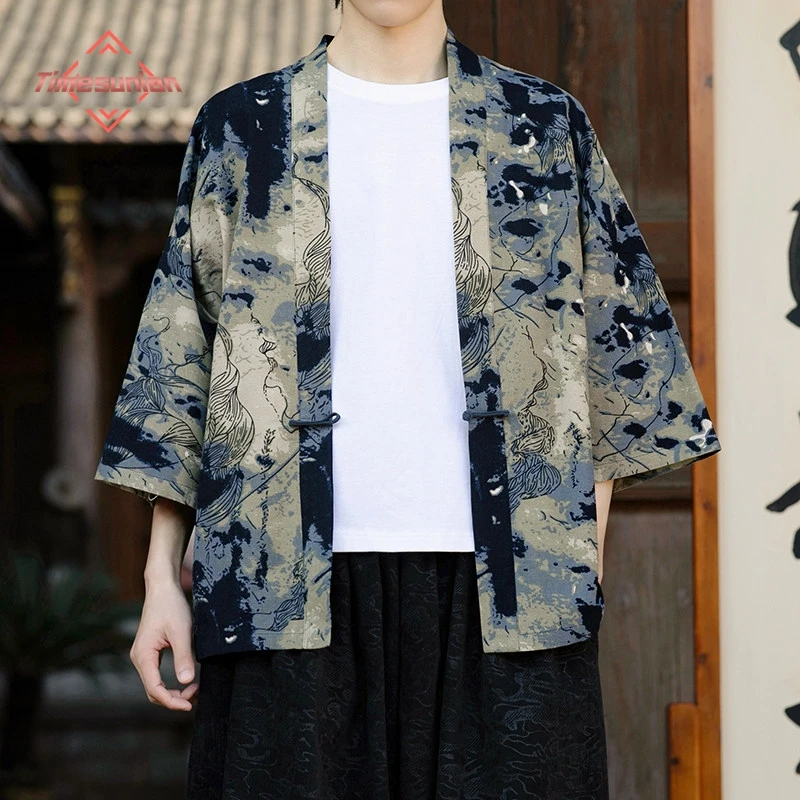 

Кимоно в этническом стиле с принтом, унисекс, модный хлопково-льняной кардиган-блузка, азиатская одежда, японский косплей в стиле Харадзюку