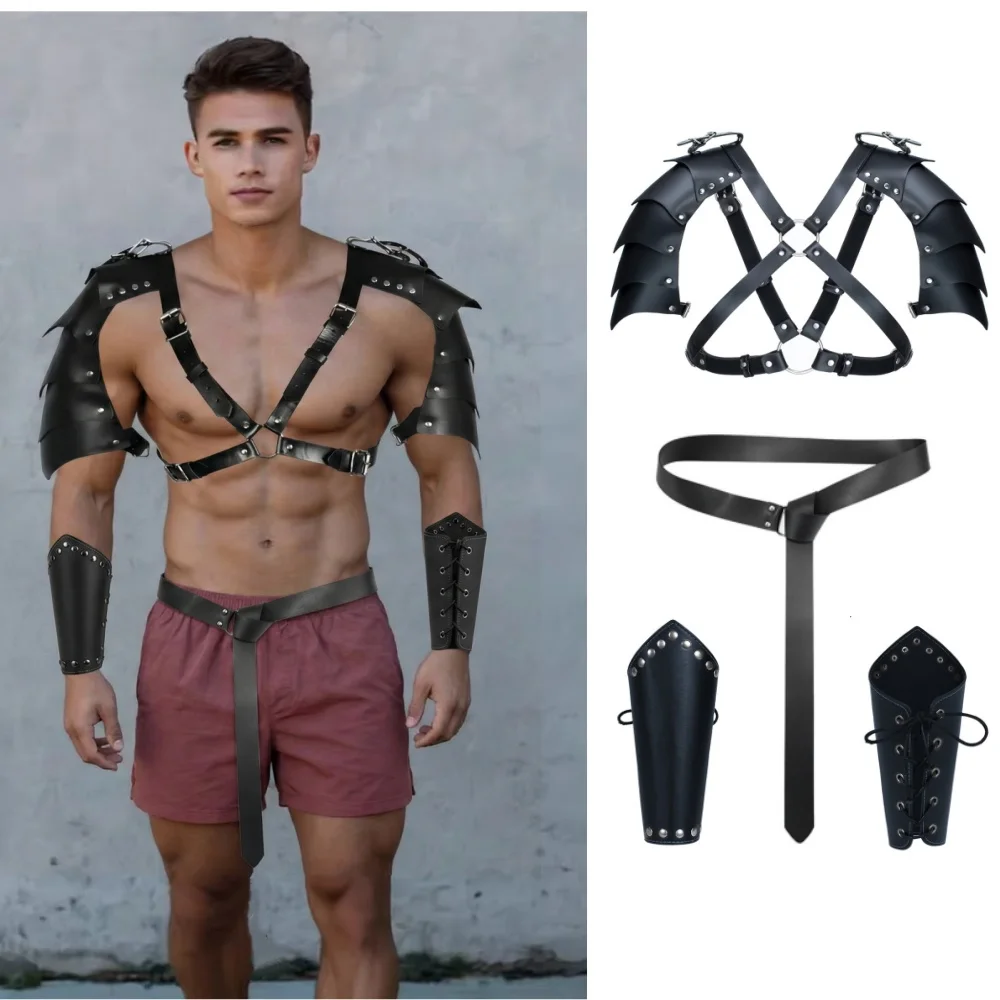 

Medieval Knight PU Leather Harness for Men Adjustable Buckle Chest Belt Cosplay Costume Prop Punk Nightclub Clubwear Body