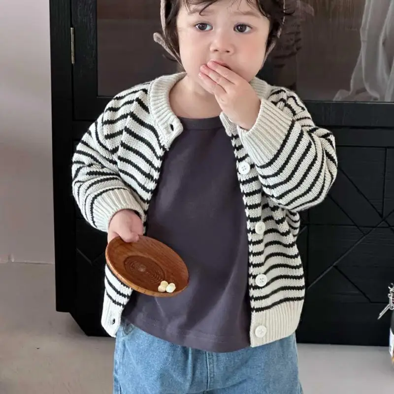 

2025 Autumn New Children Long Sleeve Knit Jacket Boys Girls Striped Cardigan Baby Casual Coat Kids Loose Knit Tops