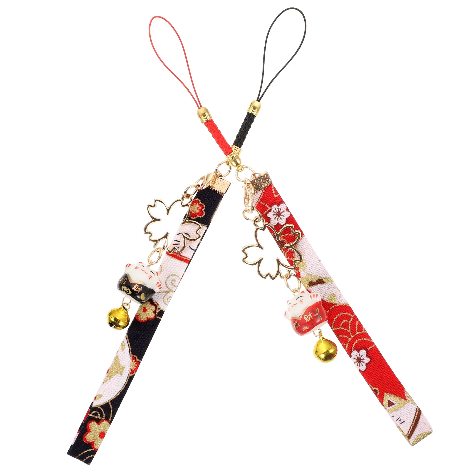 2 Pcs Black Red Cat Ceramic Bell Phone Charm Strap nament Hanging Lanyards Key Lanyard Mobile Phone Decor Prevent Loss