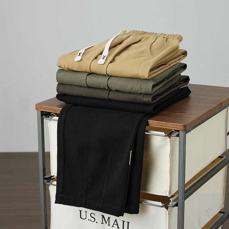 100% Cotton Men\'s Loose Wide Leg Pants Elastic Waist Fashion ArmyGreen Khaki Korean Streetwear Autumn Straight Trousers