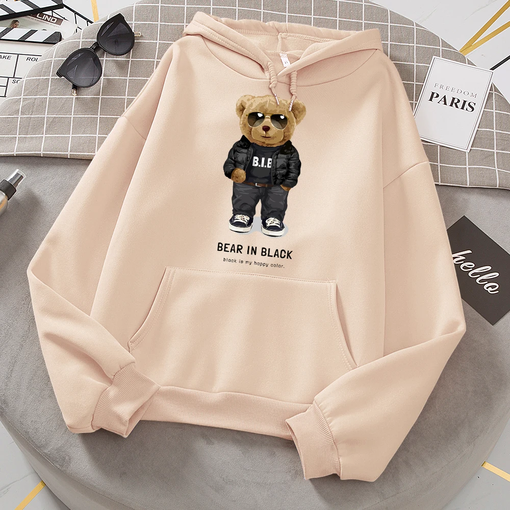 Teddy Bear In Black That Is My Happy Color Women Hoody Street Casual Loose Sweatshirt Autumn Fleece Hooded Hip Hop O-Neck Tops