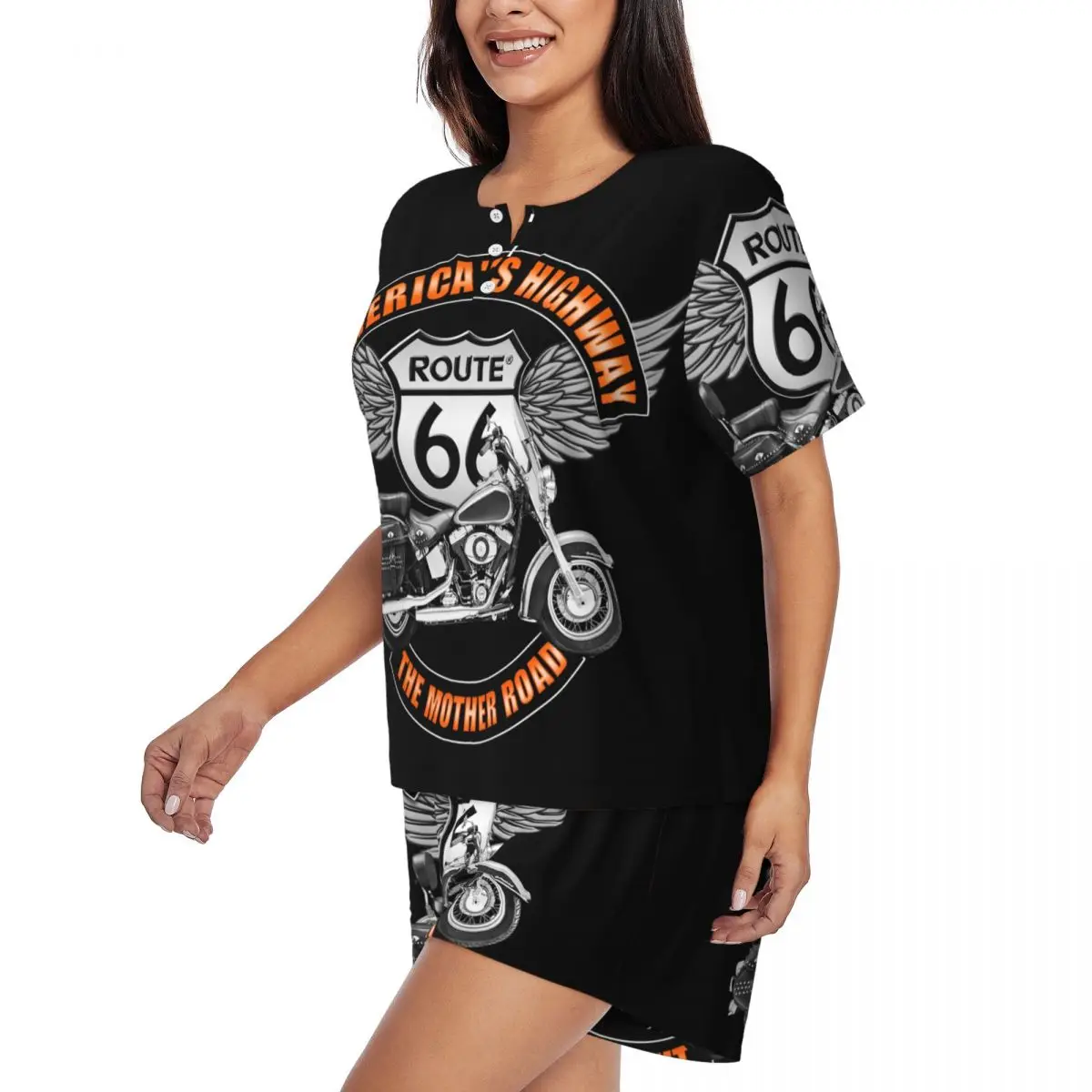 Custom Route 66 Mother Road Pajama Sets Women 2 Piece Motorcycle Short Sleeve Pjs Shorts Sleepwear