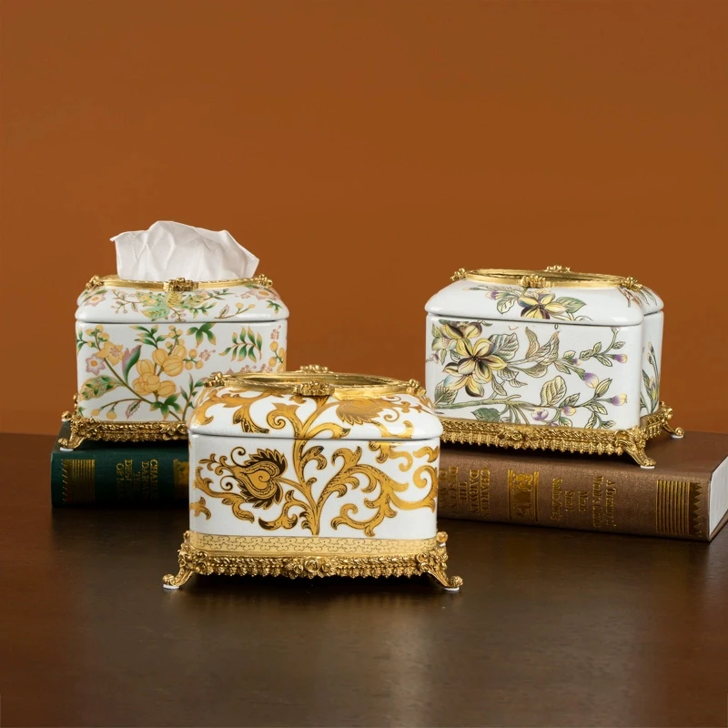 

Porcelain Brass Tissue Box Cover Rectangle Ceramic Tissue Box With Lid For Bathroom Toilet Bedroom Living Room Kitchen Table
