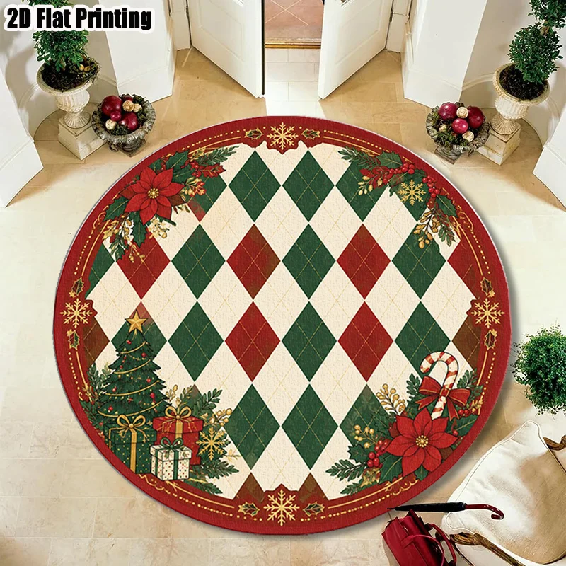 Christmas Round Area Rug Red Green Plaid Gold Font Snowflake Circle Carpet Washable Non Slip Front Door Home Floor Decor