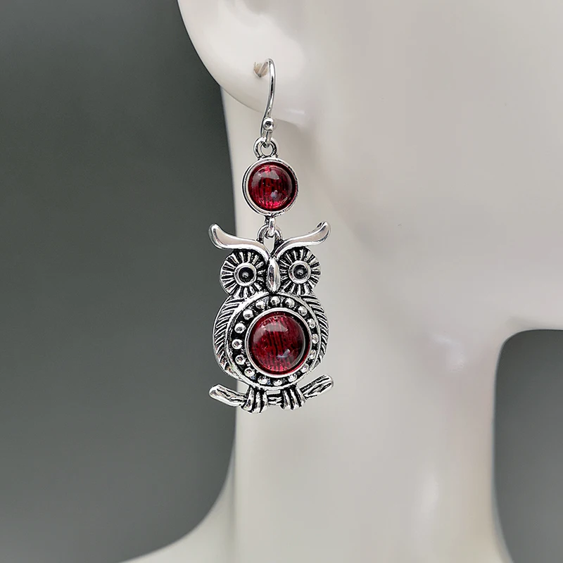 Vintage Red Round Stone Owl Earrings Lovely Animal Jewelry Thai Silver Color Statement Dangle Earrings Party Accessories