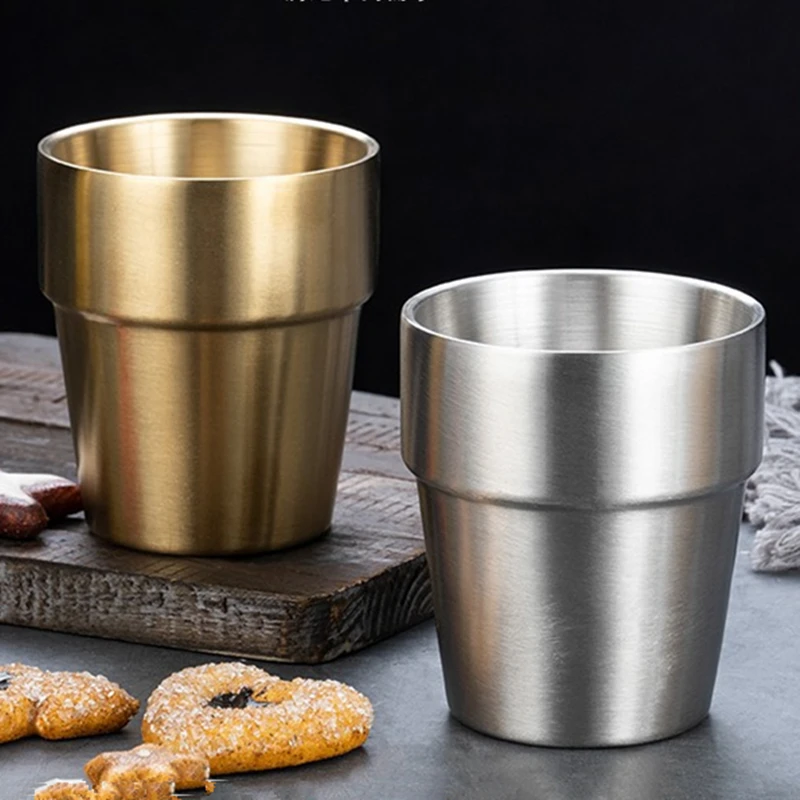 260/300ml Korean Stainless Steel Mugs Double Layer Coffee Beer Drinks Cups Household Portable Drinkware for Office Home