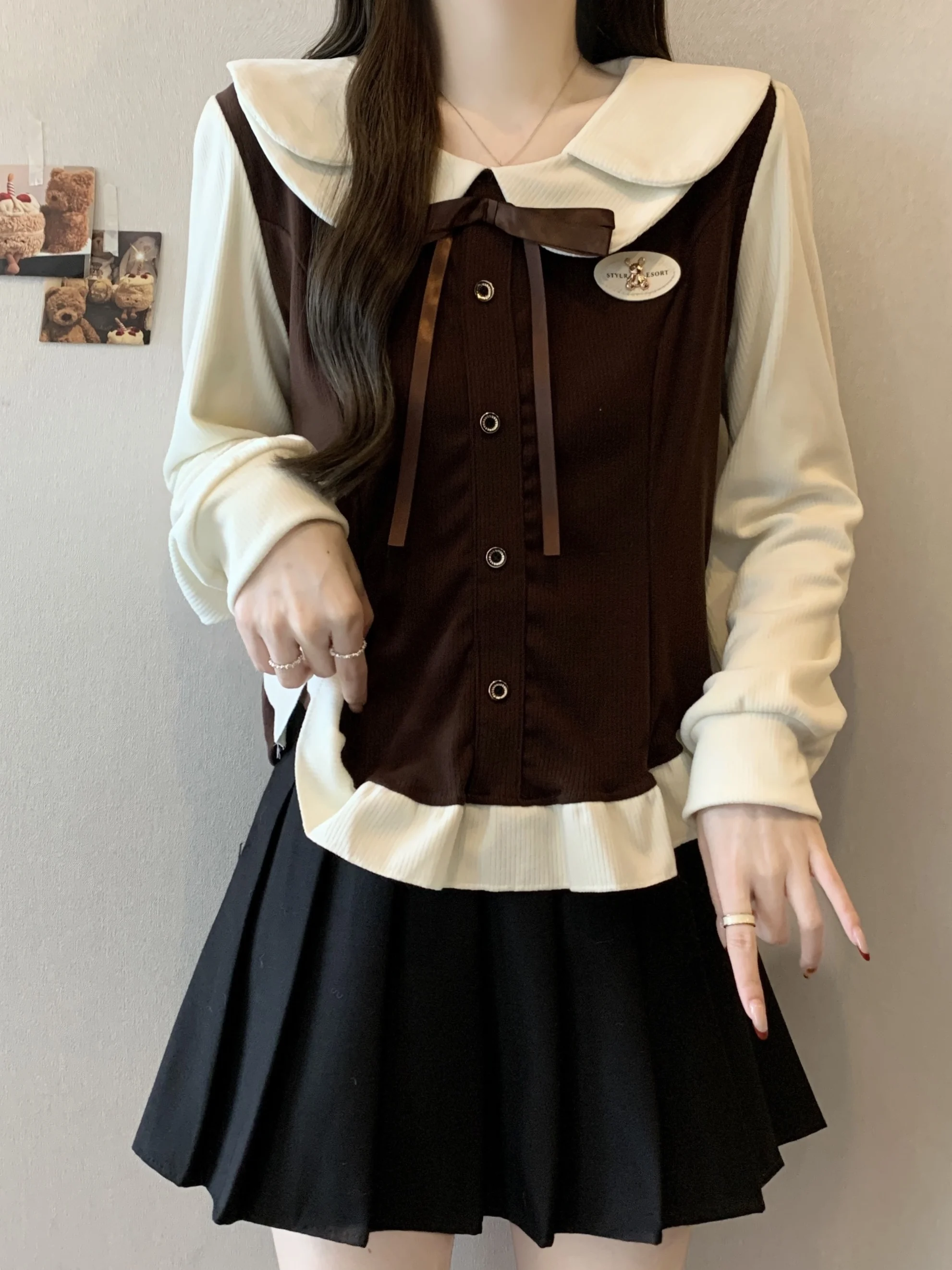 

Sweet School Sle Color Blo Faux Two-Piece Thiened Brued Doll Collar Women's Spring Autumn plus Size irt Casual Cott...