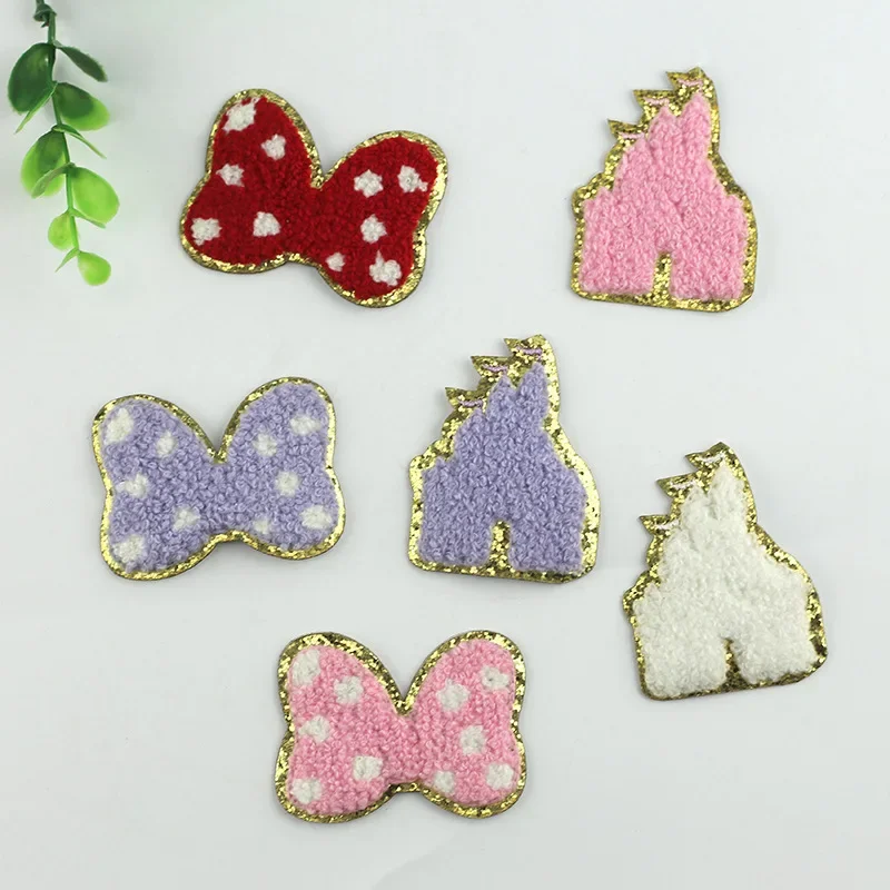 Gritt Self Adhesive Towel Embroidery Stickers Bag Phone Notebook DIY Accessory Bow Castle Gold Glitter Colorful Chenille Patches