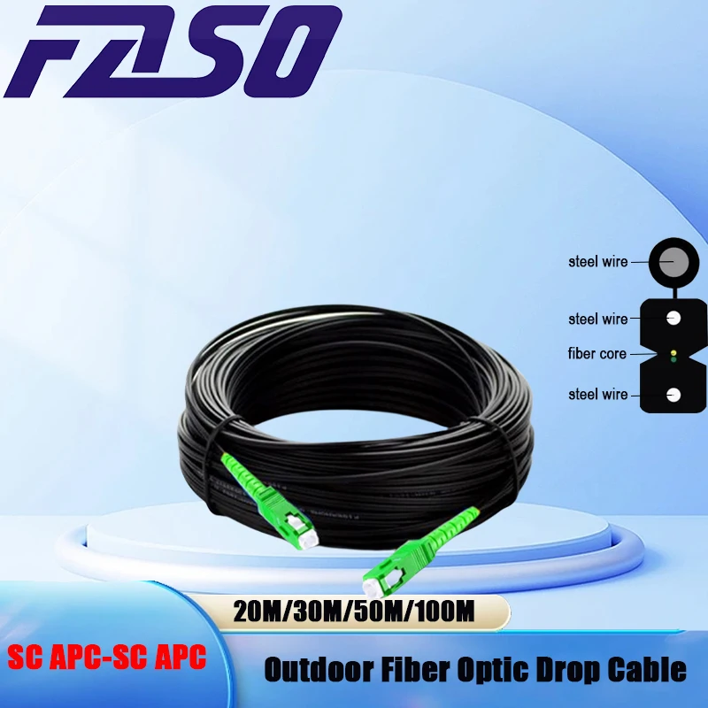 100M SC APC SM Outdoor Drop Cable Fiber Optic Patch Cord Optical Fiber Cable With Steel Wire Black LSZH Jacket 0.5/0.4mm