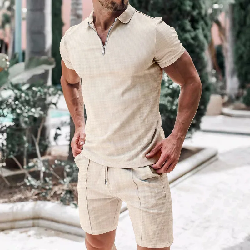 

Europe and the United States men's short-sleeved shorts casual suit summer Waffle color light version loose lapel T-shirt suit m