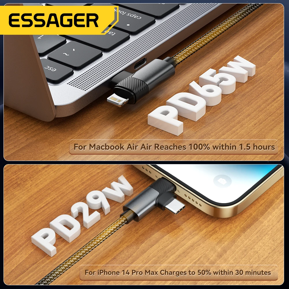 Essager 2\'si 1 arada USB Tip C Kablo 65W PD Hızlı Şarj Kablosu Tip C - Yıldırım Kablosu iPhone 15 14 Pro Max MacBook iPad Xiaomi