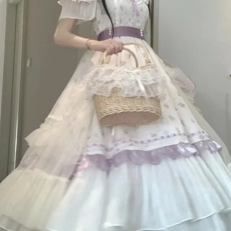 Vestidos de bolo de arco y2k jk gótico lolita vestidos kawaii em camadas pulôver verde roxo renda oco para fora vestido de manga longa novo
