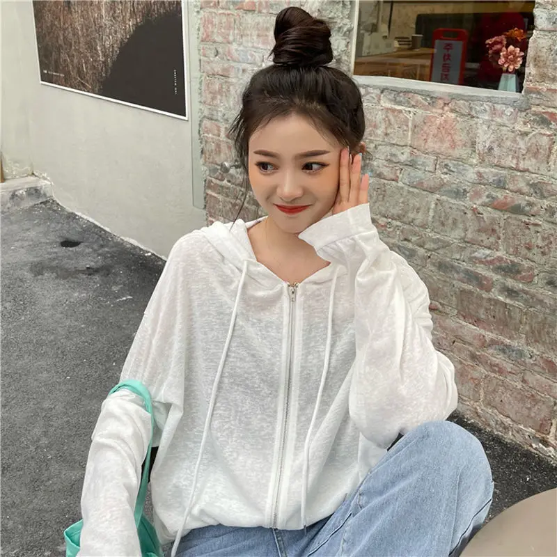 

Jackets Women Breathable Baggy Solid 5 Colors Thin Summer Sun Protection Hooded Casual Simple Korean Style Fashion All-match New