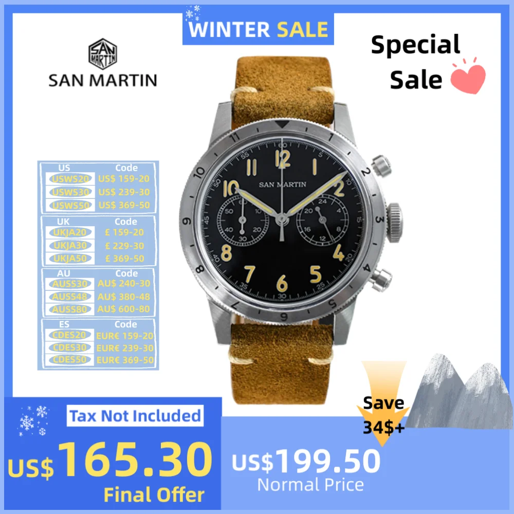 San Martin 39.5mm VK64 Men Speed Chronograph Watch Quartz Wristwatch Vintage C3 Suede Leather Strap Pilot 10Bar Reloj SN0127JS