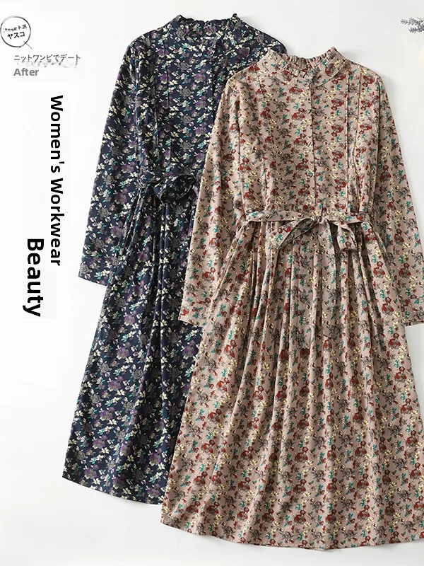 

Ретро-платье миди из хлопка с цветочным принтом, с поясом, воротником-стойкой, для женщин, А-силуэт, длинный рукав, весеннее, для больших размеров