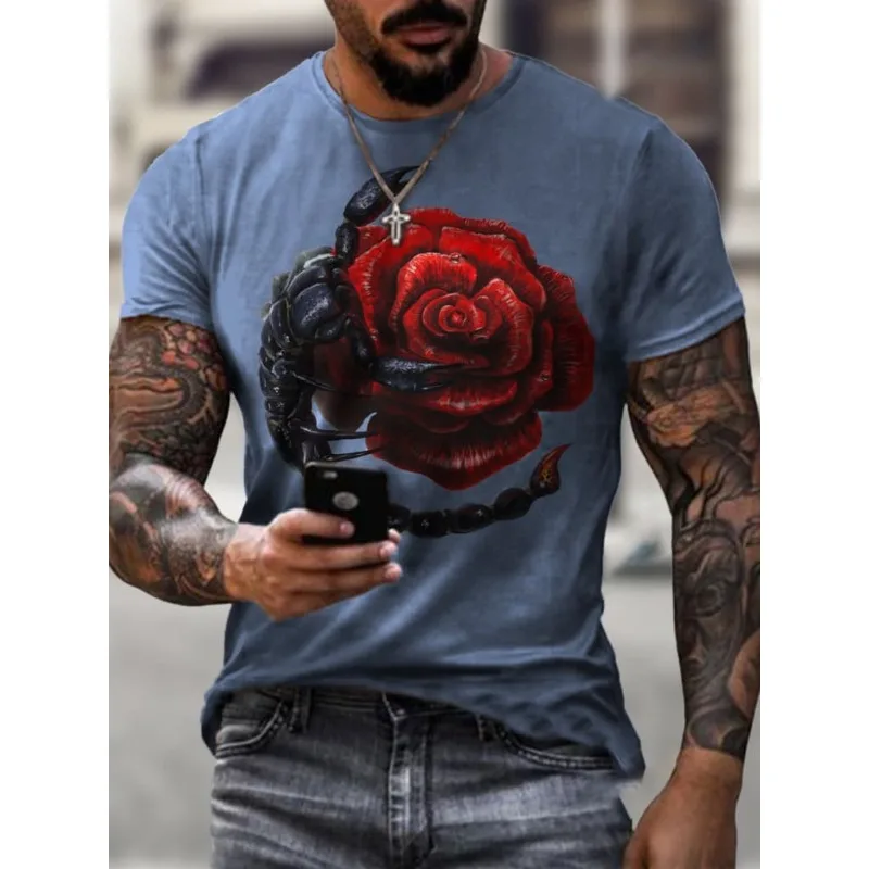 European American High Street T-shirt Fashion Red Rose Scorpion Print Top Round Neck Elastic Slim Fit Shirt Spring/Summer Style