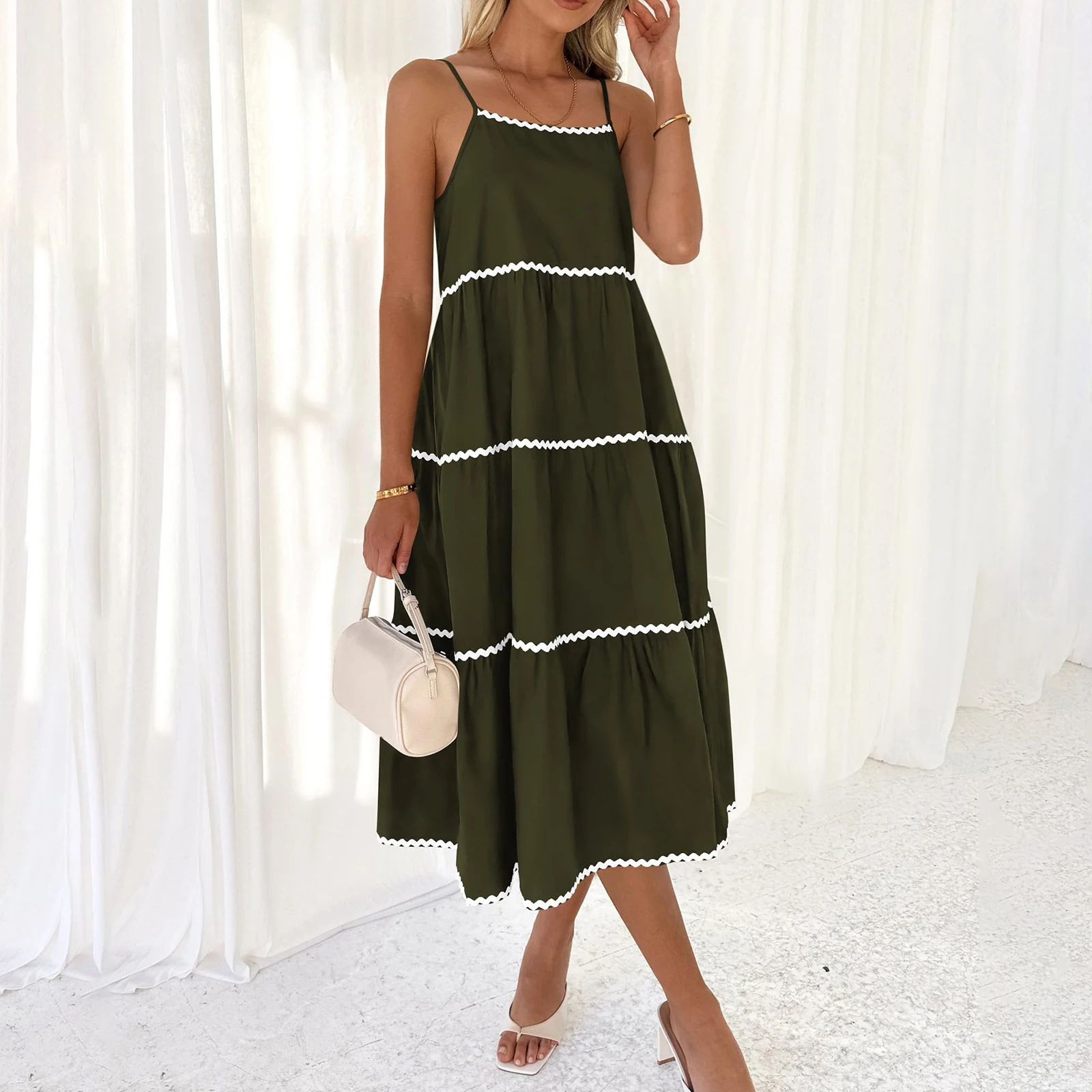 

Fashion Women Spaghetti Strap Sleeveless Dress Summer Wavy Striped Trim Backless A-Line Party Dress for Vacation Streetwear