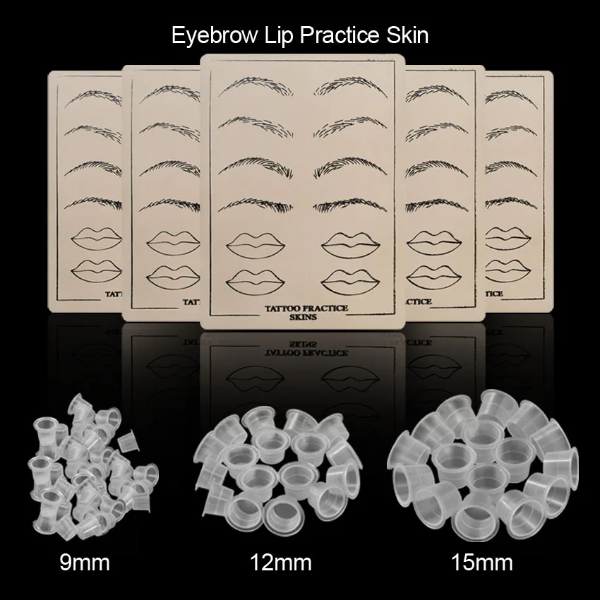 Tattoo Practice Skin 5Pcs Kit with 300Pcs Plastic Ink Cups Eyebrow Lip Permanent Makeup Mciroblading for Artists Beginners