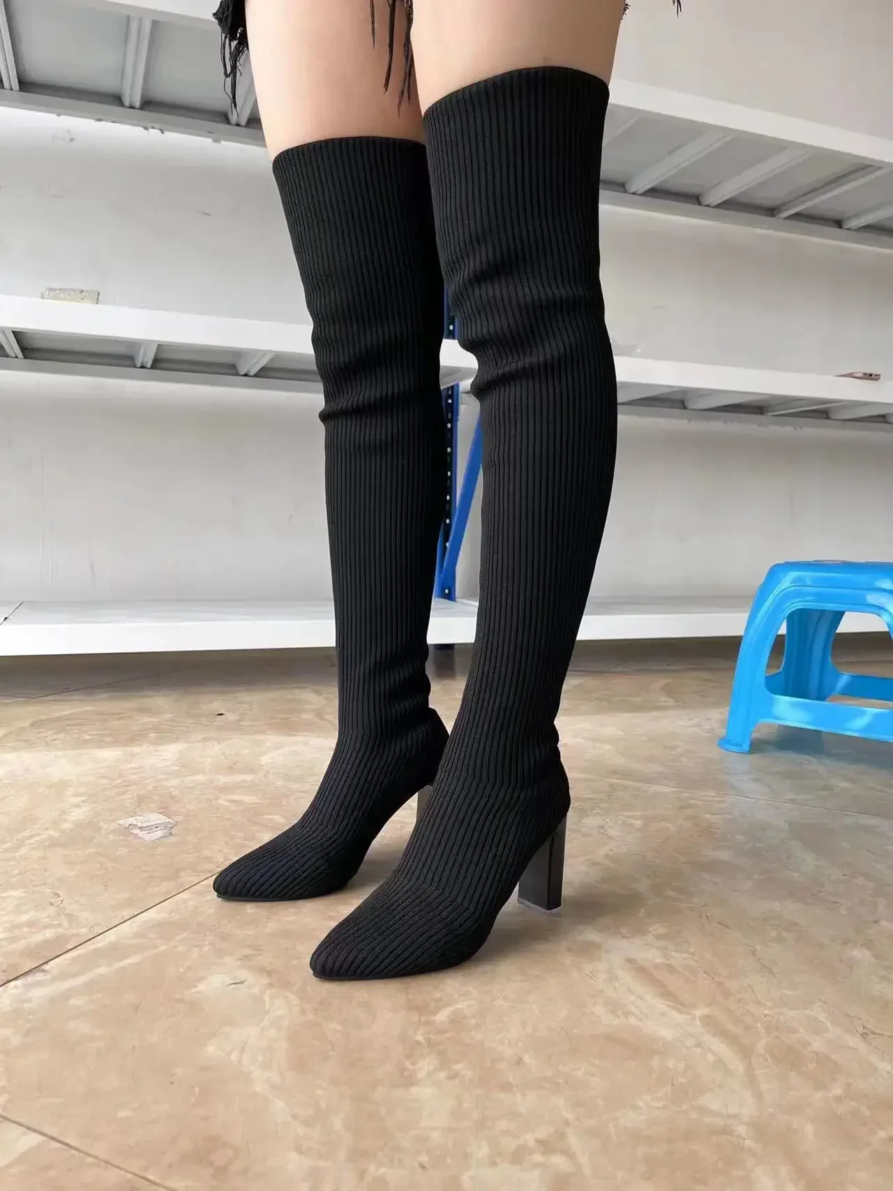 Botas por encima de la rodilla de punto de tacón alto grueso puntiagudo para mujer, calcetines de lana elásticos, botines et bottes, otoño e