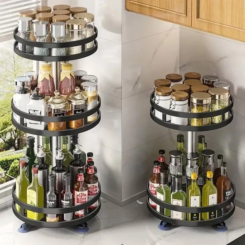 

360°Rotation Spice Rack Organizer Jar Cans Kitchen Accessories Non-Skid Carbon Steel Storage Tray For Seasonings And Spices
