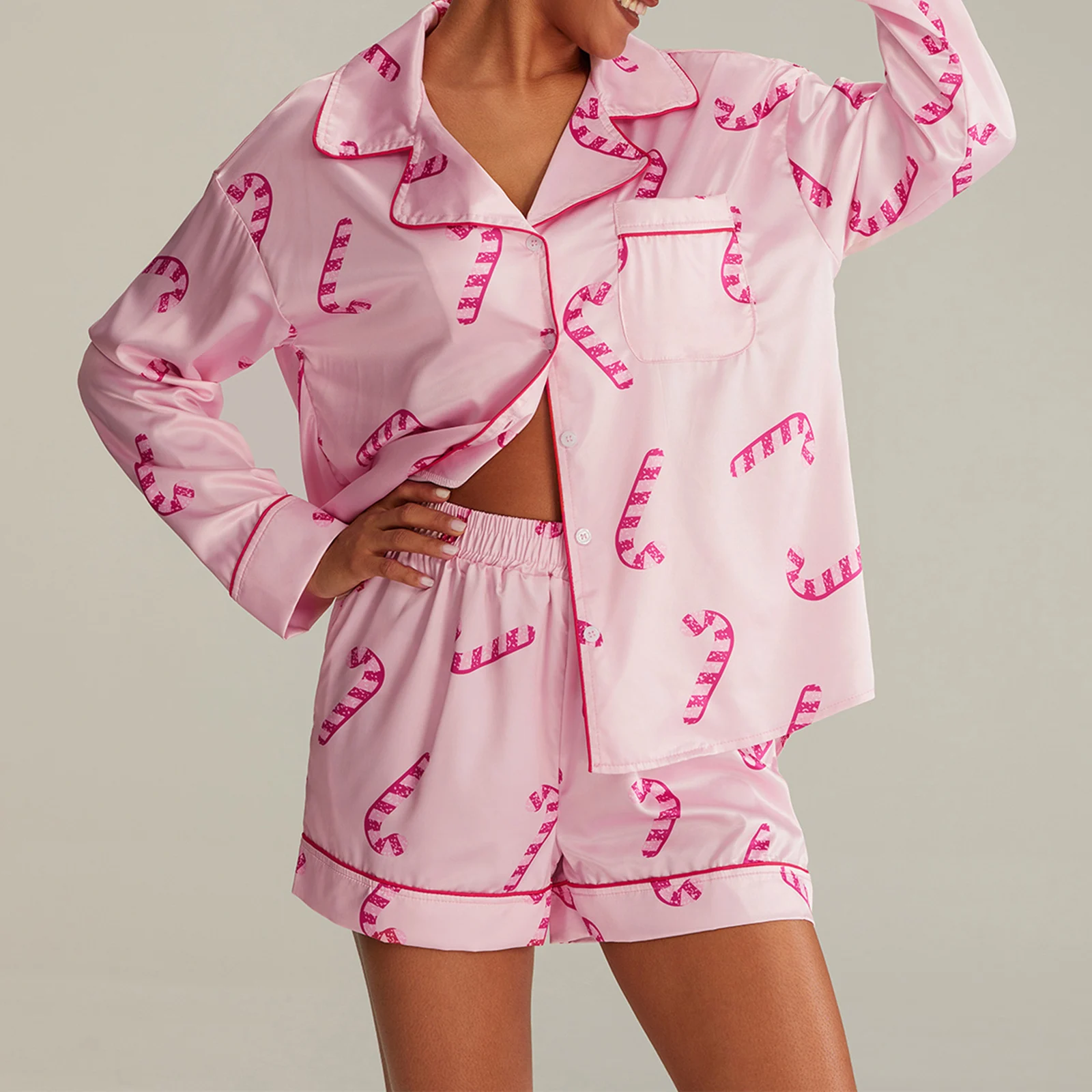 Women 2 Piece Pajama Set Dessert Print Long Sleeves Shirt and Elastic Shorts for Loungewear Soft Sleepwear