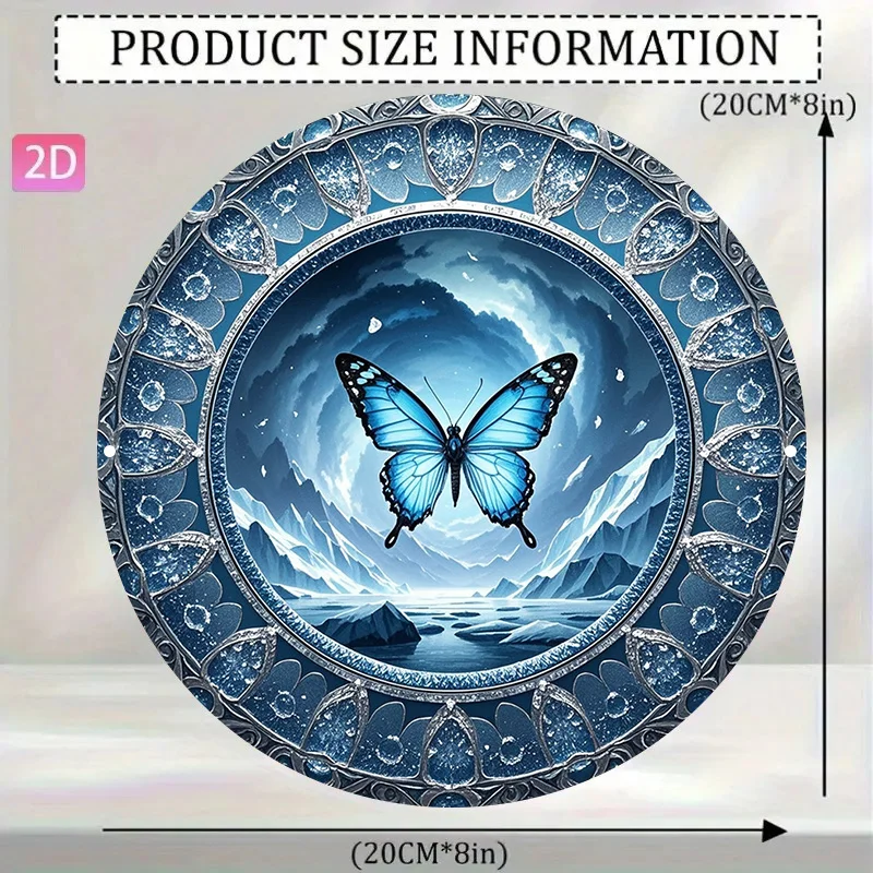 2D Flat, 1pc Blue Iridescent Butterfly And Winter Ice Wall Art - 8-Inch Round Vintage Modern Aluminum Metal Sign, Home, Bar, Res