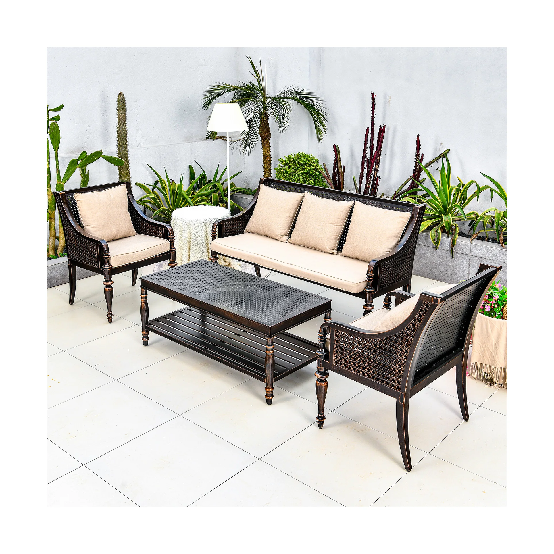 Direct Manufacturer Cast Aluminum Garden Furniture Anti-rust Metal  Sofa Sets Including  Cushion & Pillow Outdoor Garden Sofa