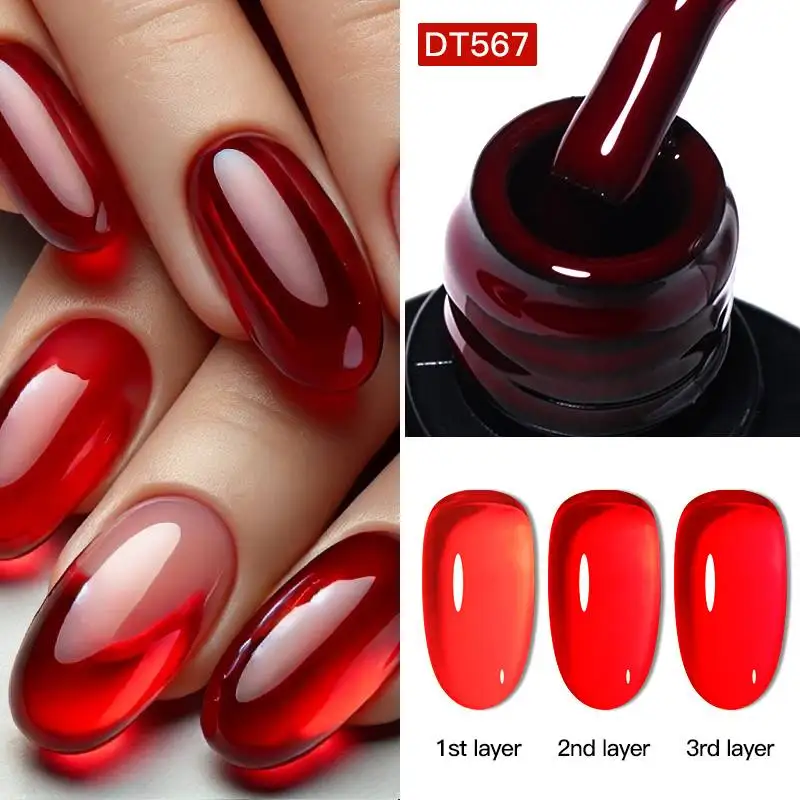 MEET ACROSS 7ml Scarlet Red Jelly Nail Art Gel Polish Semi Permanent Sheer Translucent Nail Supplies Manicure Gel Varnishes