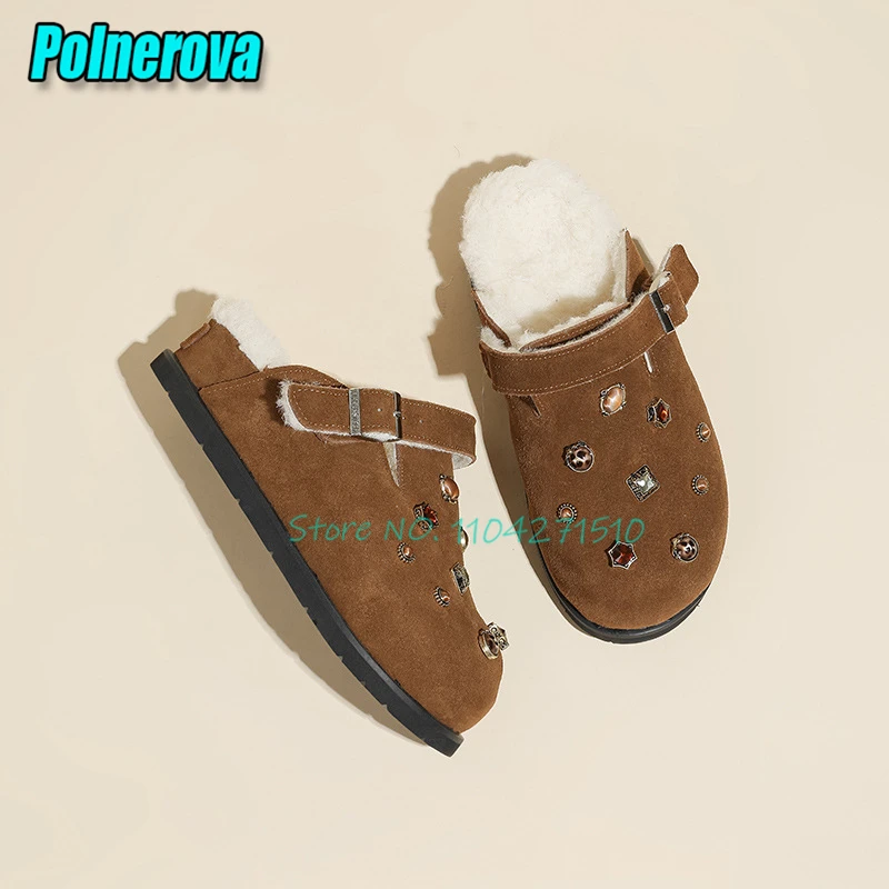 Autumn Winter Gemstone Decor Thick Soled Half Slippers Metal Buckle Inside Plush Flat Mules Frosted Leather Women's Casual Shoes