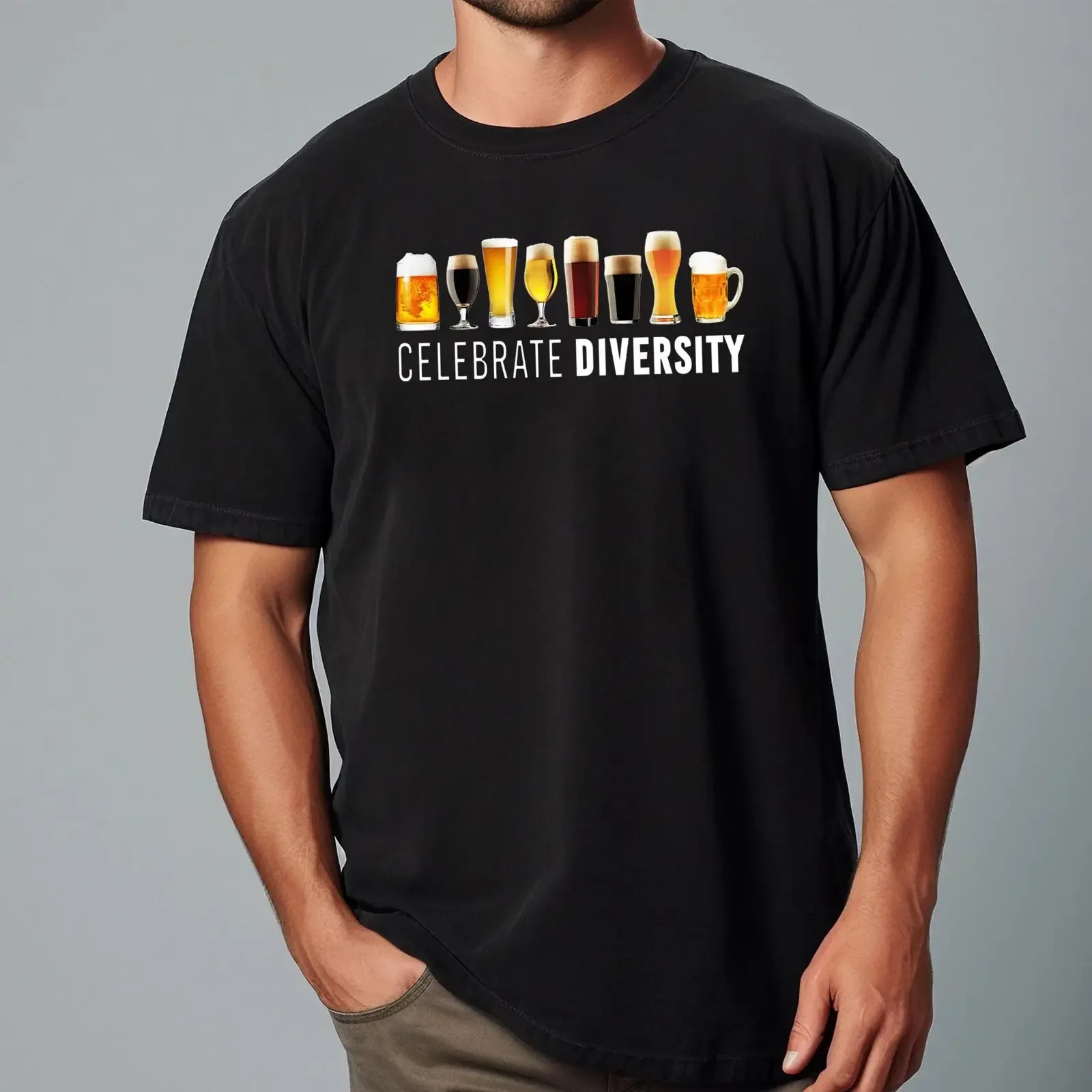 May include A black t shirt with graphic of different types beer glasses and the text Celebrate Diversity vintage Washed Casual