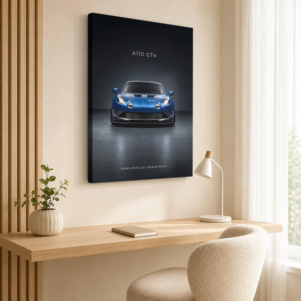French A110 GT4 Race Car Framed Canvas Print Personalized Photo Dramatic Lighting Wall Art For Workshop Office Mechanic Gift