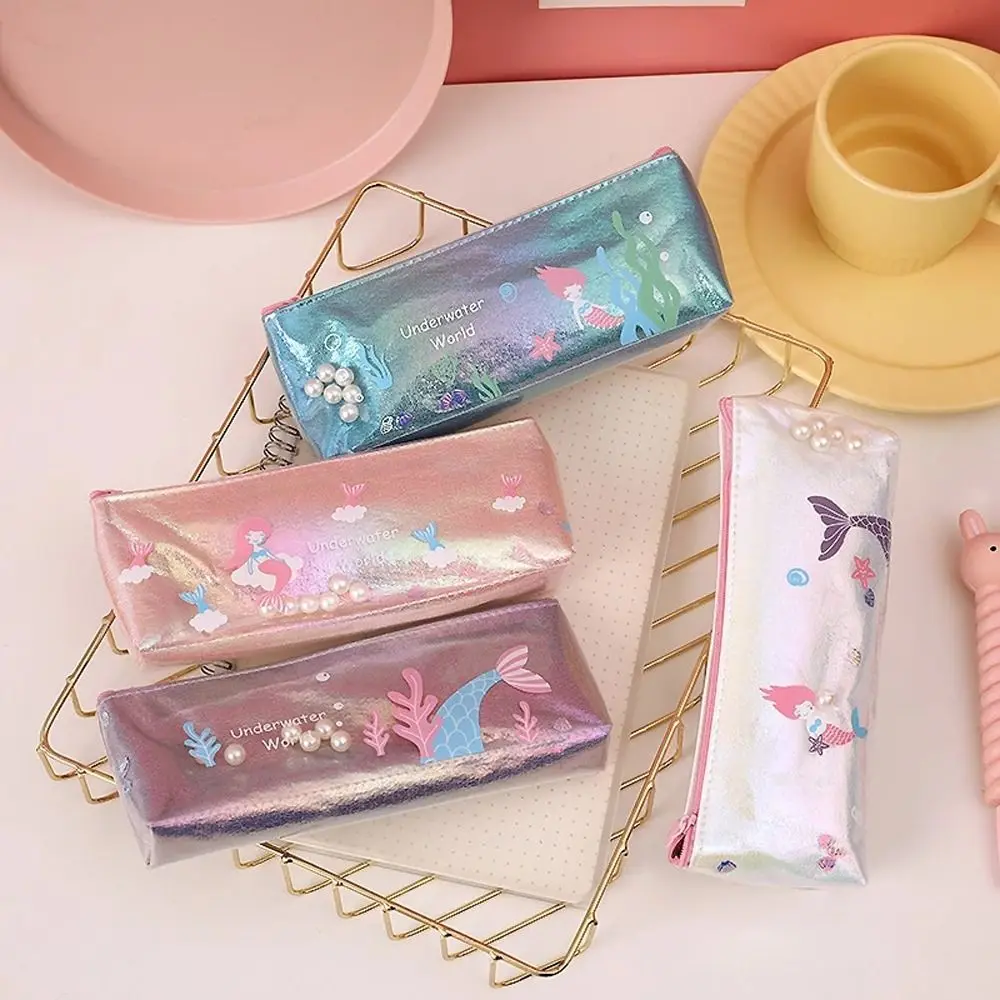 School Supplies Learning Stationery Pen Pouch Large Capacity Zipper  Mermaid Pearl Pencil Case