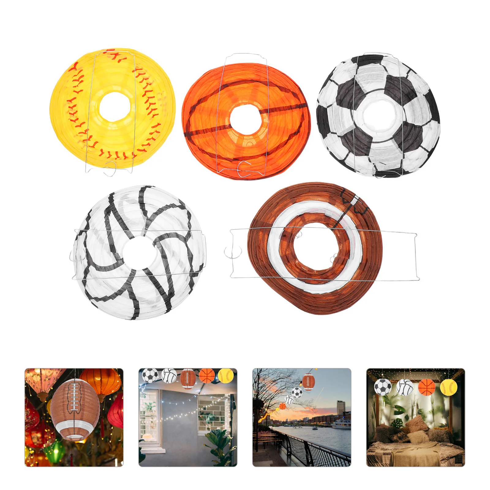

5pcs Sports Ball Paper Lanterns Basketball Soccer Baseball Volleyball Rugby Hanging Decor For Party Birthday Game Night Theme